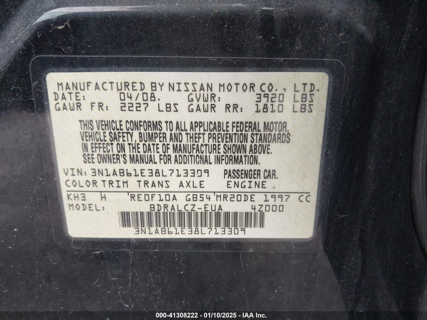 2008 NISSAN SENTRA VIN: 3N1AB61E38L713309