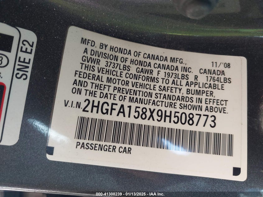 2009 HONDA CIVIC VIN: 2HGFA158X9H508773
