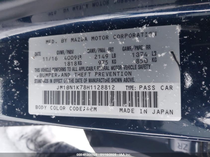 2017 Mazda Mazda3 Sport VIN: JM1BN1K78H1128812 Lot: 41308525