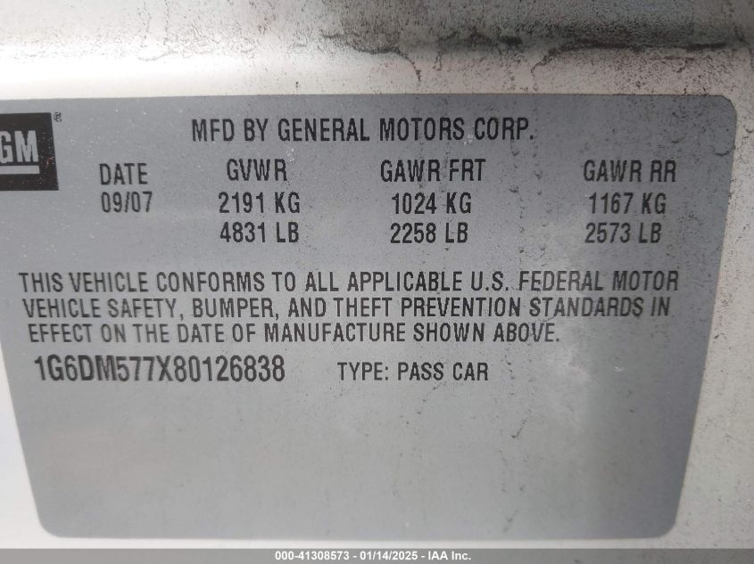 2008 Cadillac Cts Standard VIN: 1G6DM577X80126838 Lot: 41308573