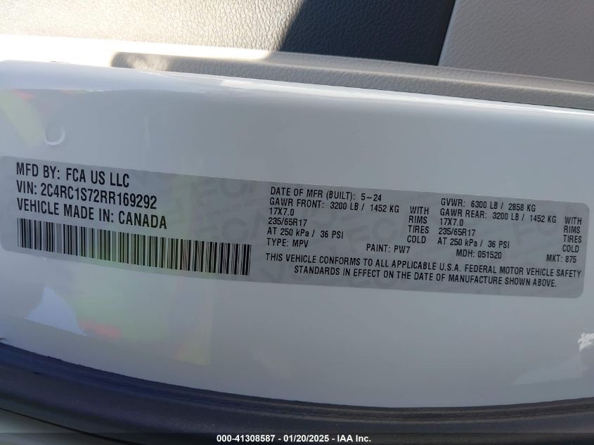 2024 Chrysler Pacifica Hybrid Select VIN: 2C4RC1S72RR169292 Lot: 41308587