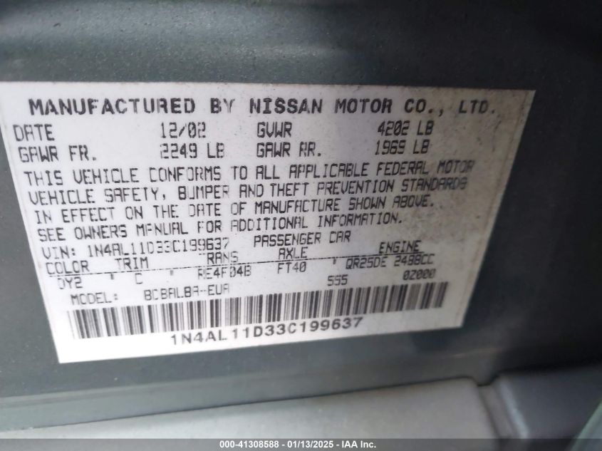 2003 Nissan Altima 2.5 S VIN: 1N4AL11D33C199638 Lot: 41308588