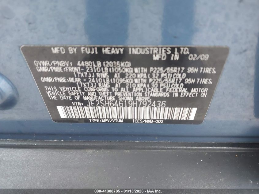 2009 Subaru Forester 2.5 X Awd VIN: JF2S464619H792436 Lot: 41308785