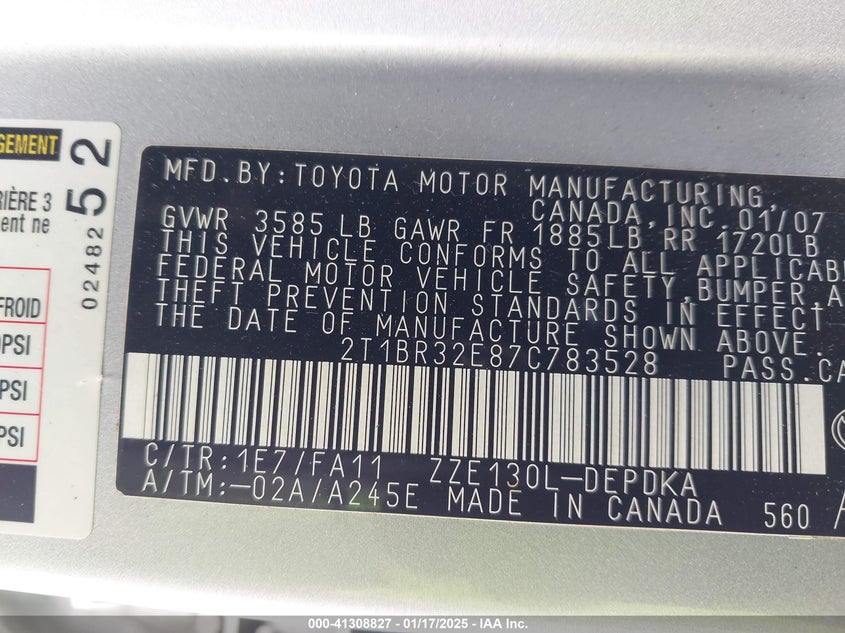 2007 TOYOTA COROLLA VIN: 2T1BR32E87C783528