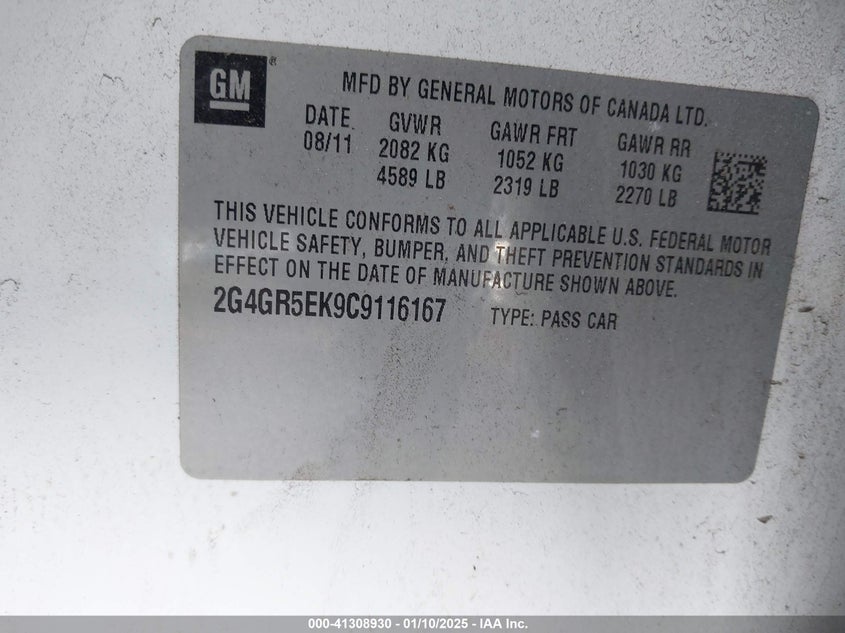 2012 BUICK REGAL VIN: 2G4GR5EK9C9116167