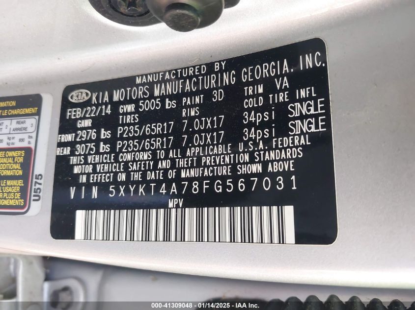 2015 KIA SORENTO VIN: 5XYKT4A78FG567031