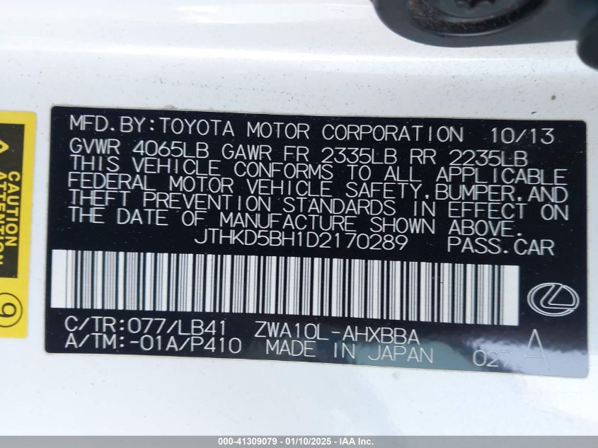 2013 Lexus Ct 200H VIN: JTHKD5BH1D2170289 Lot: 41309079