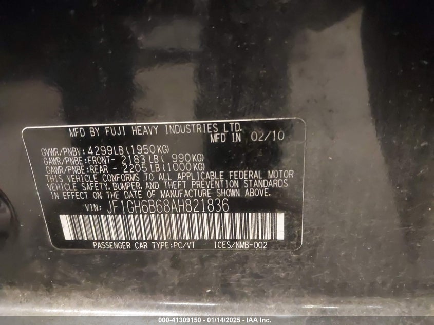 2010 SUBARU IMPREZA VIN: JF1GH6B68AH821836