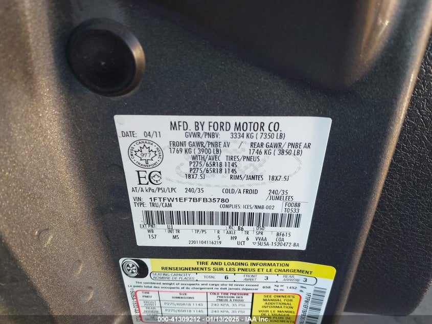 2011 FORD F150 VIN: 1FTFW1EF7BFB35780