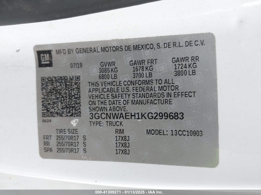 2019 CHEVROLET SILVERADO 1500 VIN: 3GCNWAEH1KG299683
