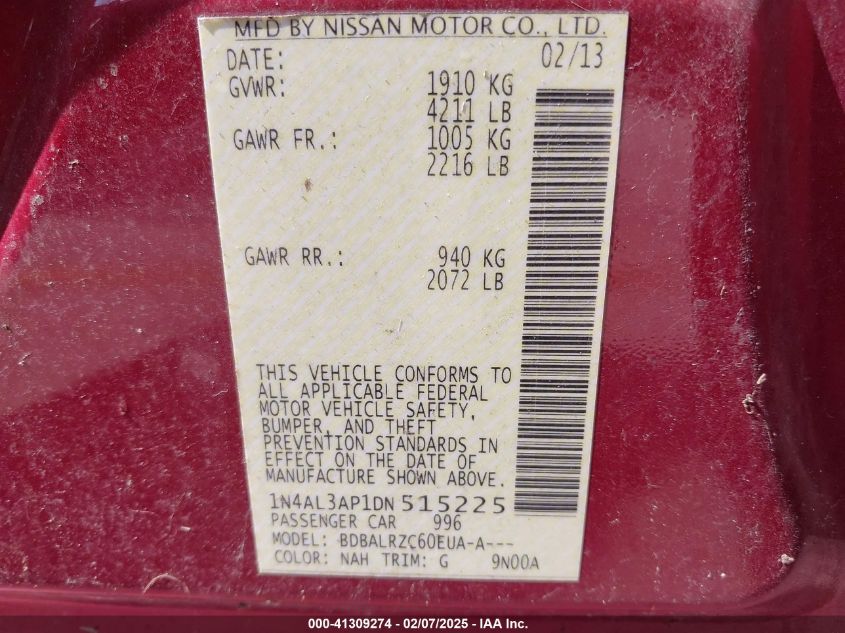 2013 Nissan Altima 2.5 S VIN: 1N4AL3AP1DN515225 Lot: 41309274