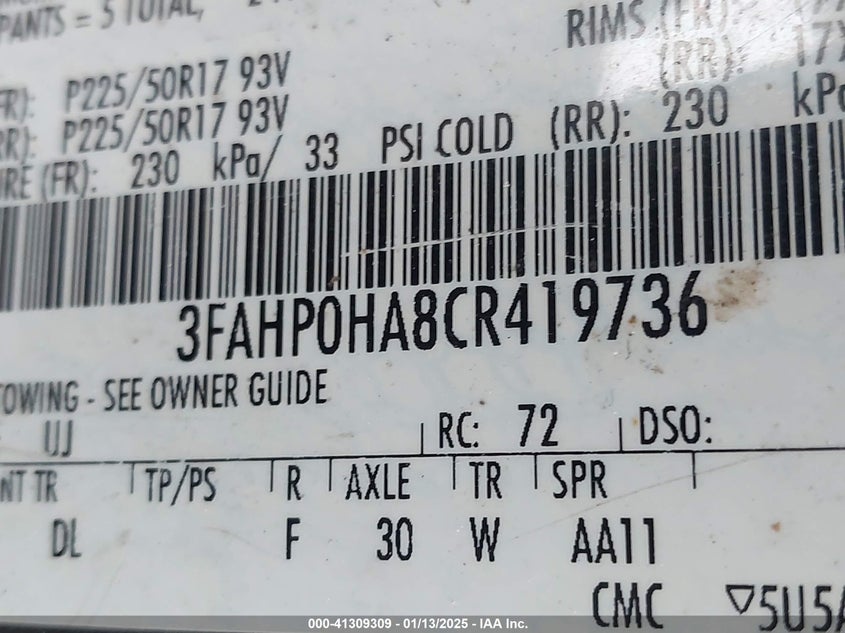 2012 FORD FUSION VIN: 3FAHP0HA8CR419736