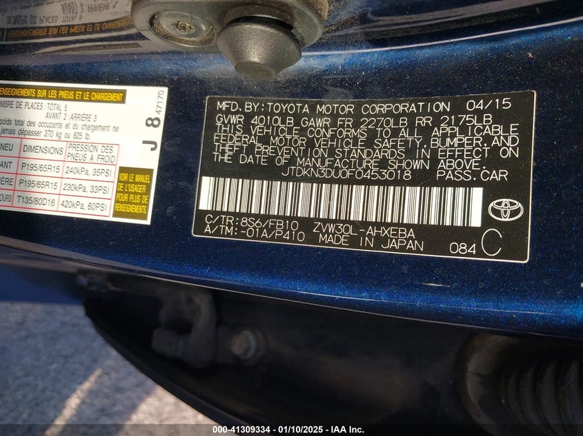 2015 TOYOTA PRIUS VIN: JTDKN3DU0F0453018