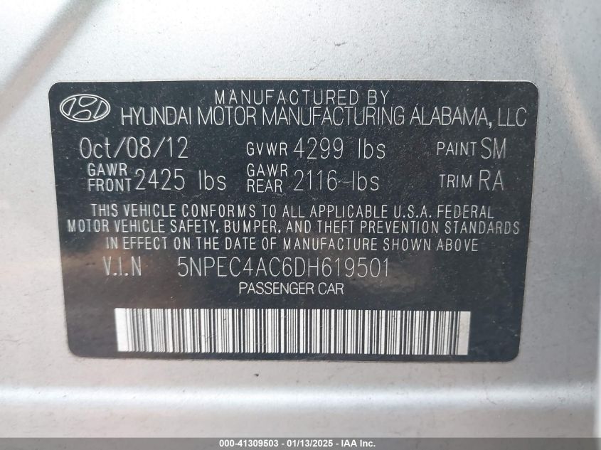 VIN 5NPEC4AC6DH619501 2013 HYUNDAI SONATA no.9