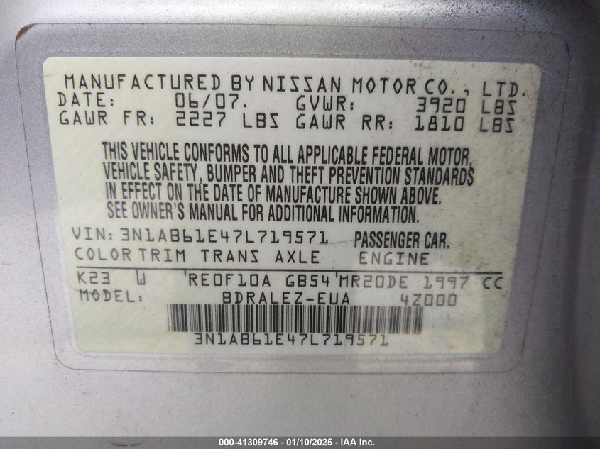 2007 NISSAN SENTRA VIN: 3N1AB61E47L719571