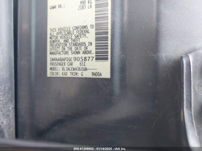 2016 NISSAN MAXIMA 3.5S/SV/SL/SR/PLAT - 1N4AA6AP1GC905877