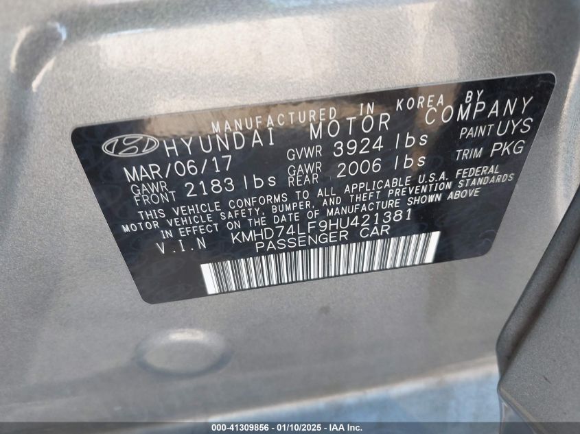 VIN KMHD74LF9HU421381 2017 HYUNDAI ELANTRA no.9