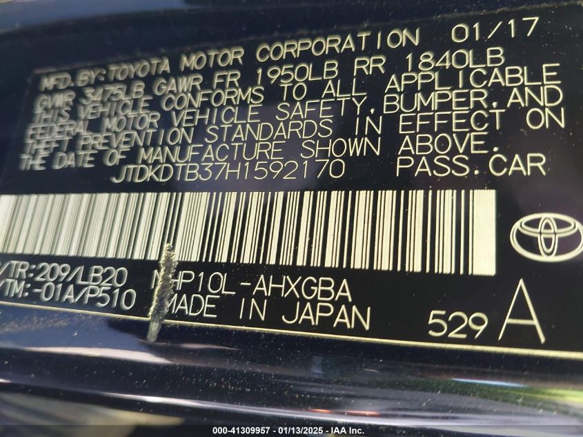 2017 Toyota Prius C VIN: JTDKDTB37H1592170 Lot: 41309957