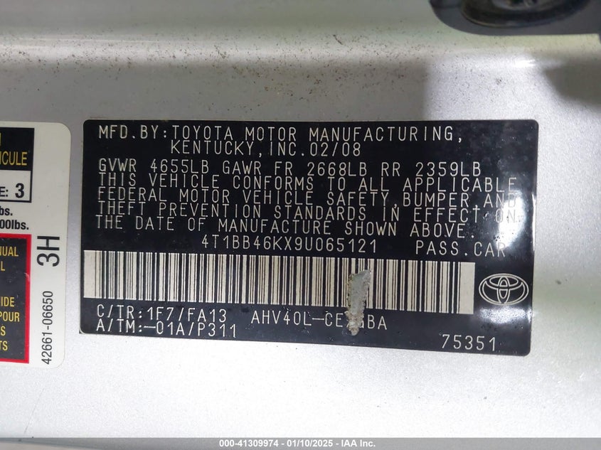 2009 TOYOTA CAMRY VIN: 4T1BB46KX9U065121
