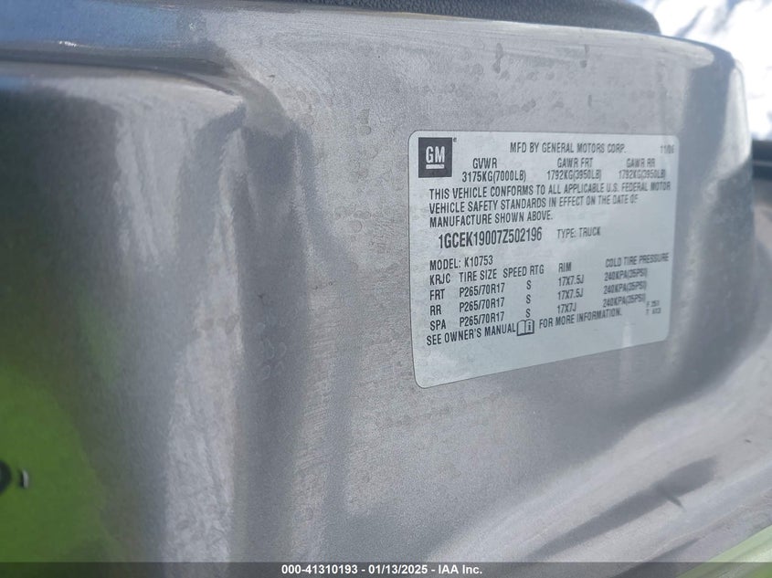 2007 CHEVROLET SILVERADO 1500 VIN: 1GCEK19007Z502196