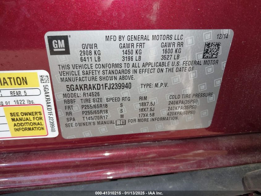 2015 Buick Enclave Convenience VIN: 5GAKRAKD1FJ239940 Lot: 41310215