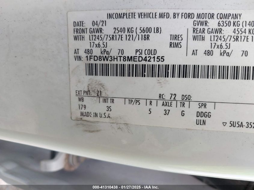 2021 Ford Super Duty F-350 Drw VIN: 1FD8W3HT8MED42155 Lot: 41310438