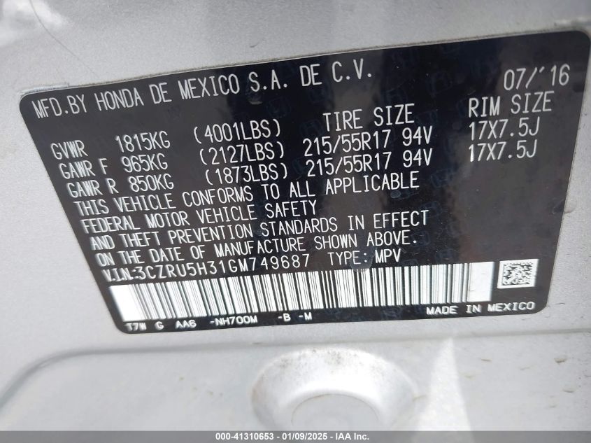 VIN 3CZRU5H31GM749687 2016 Honda HR-V no.9