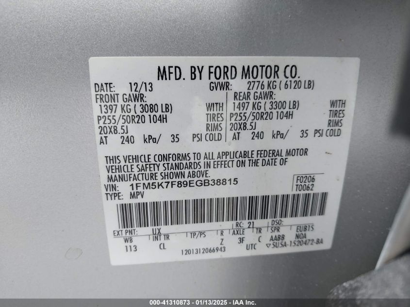 2014 FORD EXPLORER VIN: 1FM5K7F89EGB38815