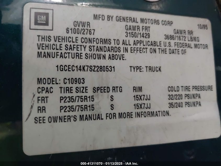 1995 Chevrolet Gmt-400 C1500 VIN: 1GCEC14K7SZ280531 Lot: 41311070