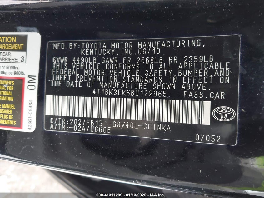 2011 TOYOTA CAMRY VIN: 4T1BK3EK6BU122965