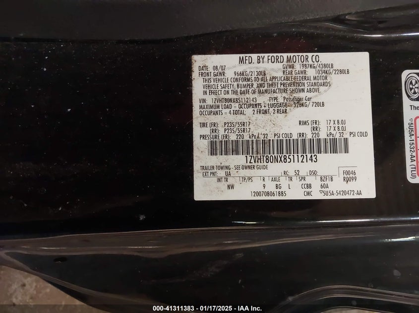 2008 FORD MUSTANG VIN: 1ZVHT80NX85112143