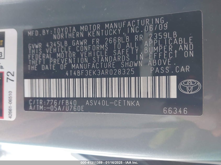 2010 TOYOTA CAMRY VIN: 4T4BF3EK3AR028325