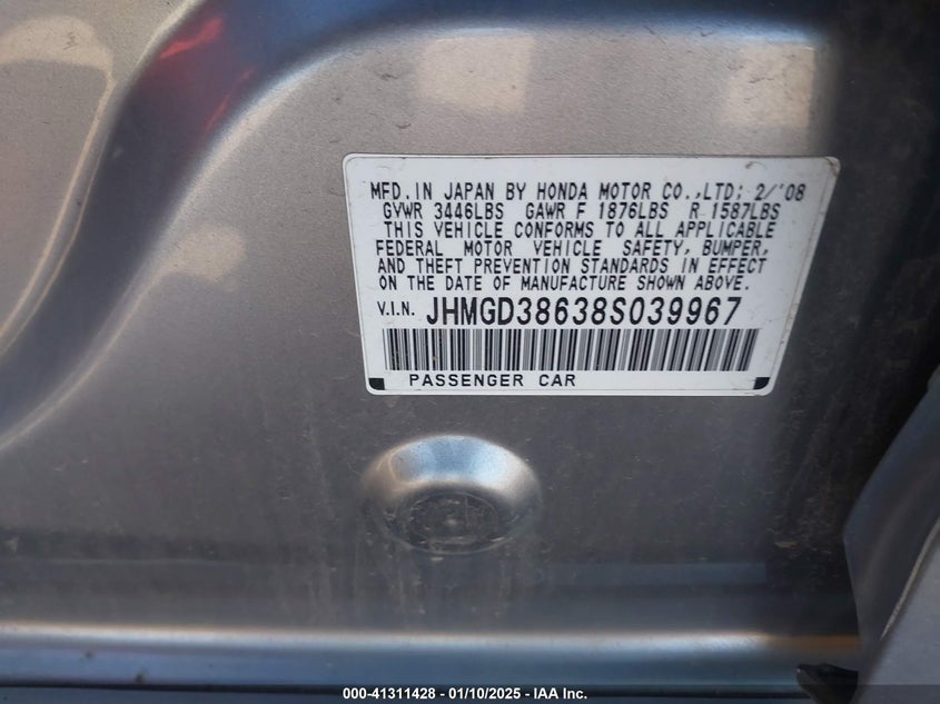 2008 HONDA FIT VIN: JHMGD38638S039967