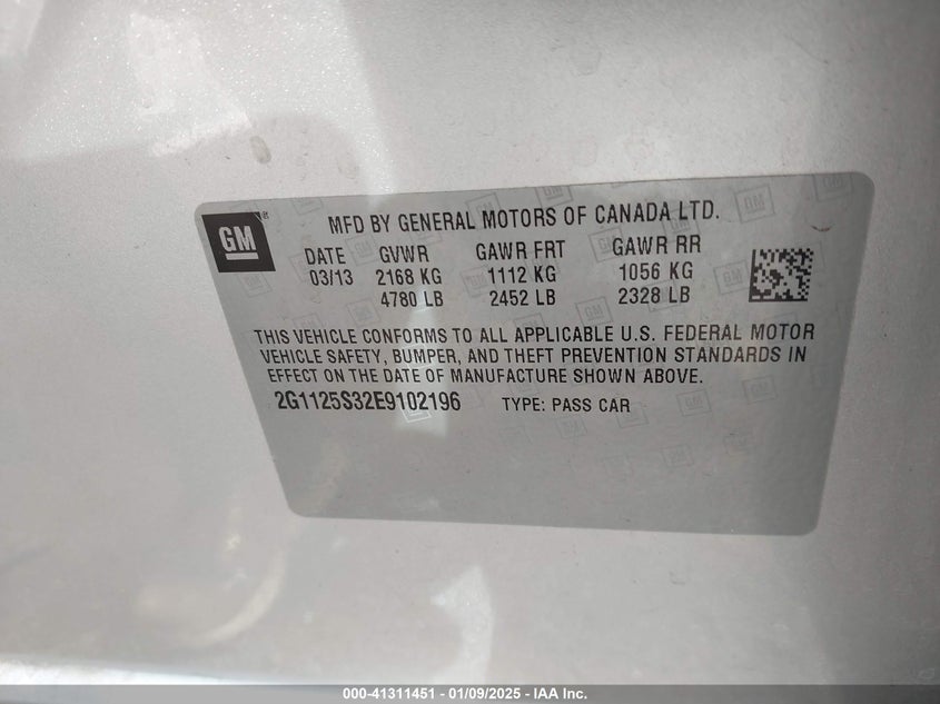 2014 CHEVROLET IMPALA VIN: 2G1125S32E9102196