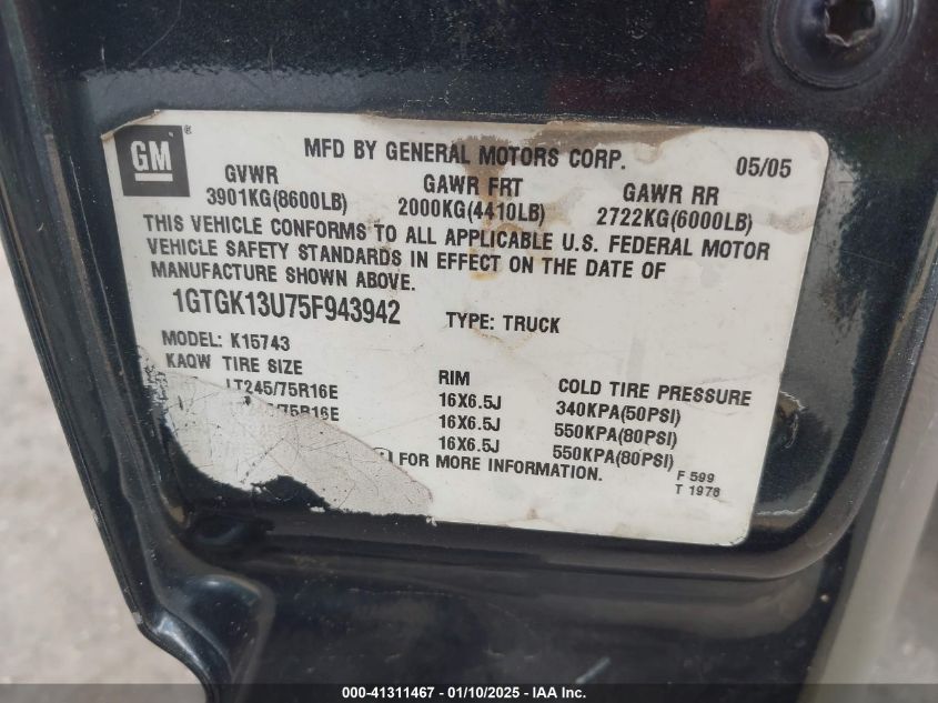 2005 GMC Sierra 1500Hd Slt VIN: 1GTGK13U75F943942 Lot: 41311467