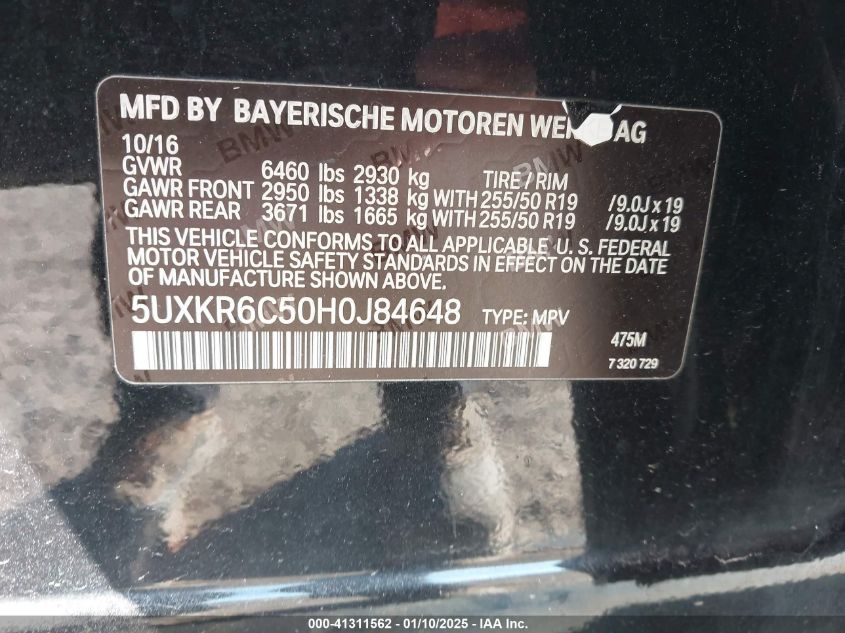 VIN 5UXKR6C50H0J84648 2017 BMW X5 no.9