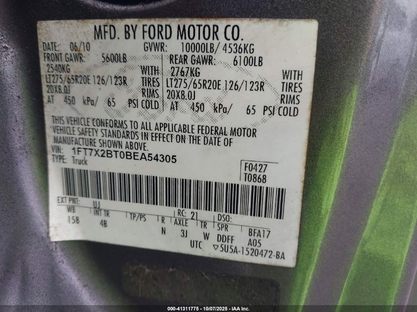 2011 Ford F-250 Lariat VIN: 1FT7X2BT0BEA54305 Lot: 41311775