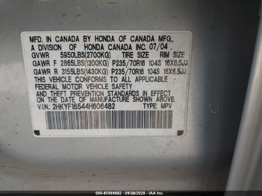 2004 Honda Pilot Ex-L VIN: 2HKYF18544H606482 Lot: 41311822