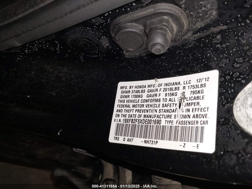 2013 HONDA CIVIC VIN: 19XFB2F5XDE001690