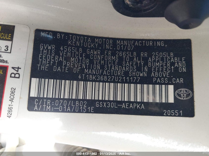 2007 TOYOTA AVALON VIN: 4T1BK36B27U211177