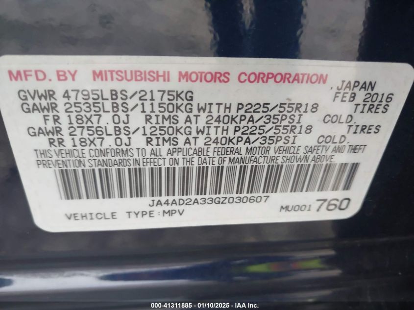 VIN JA4AD2A33GZ030607 2016 MITSUBISHI OUTLANDER no.9