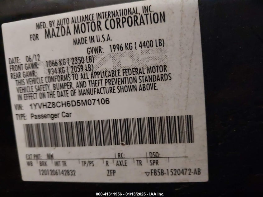 2013 MAZDA MAZDA6 VIN: 1YVHZ8CH6D5M07106