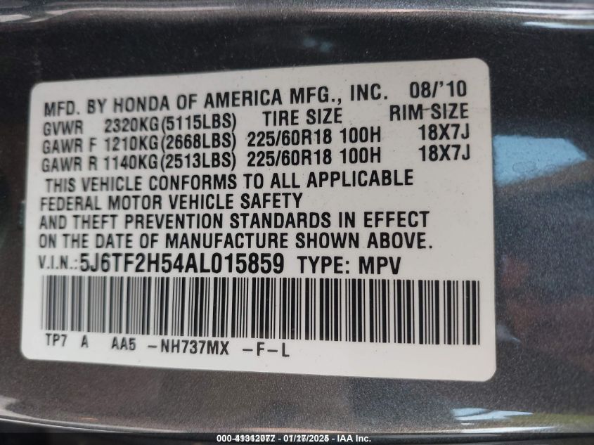 2010 Honda Accord Crosstour Ex-L VIN: 5J6TF2H54AL015859 Lot: 41312077