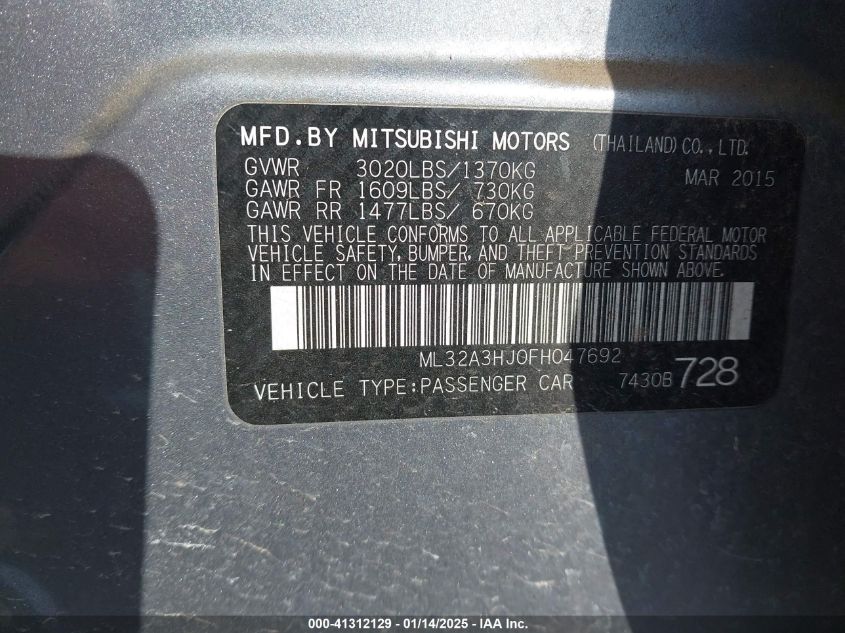 VIN ML32A3HJ0FH047692 2015 MITSUBISHI MIRAGE no.9