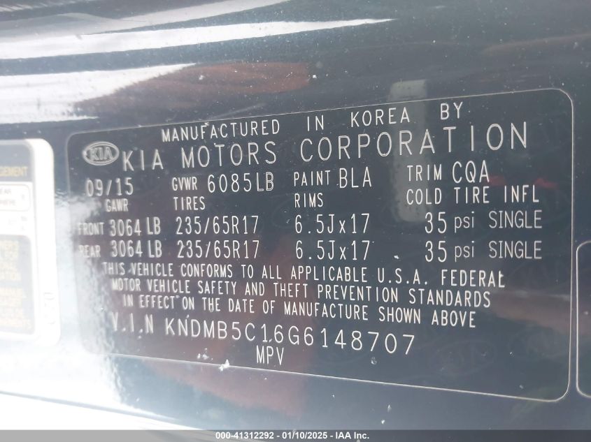 VIN KNDMB5C16G6148707 2016 KIA Sedona, LX no.9