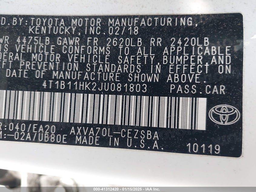 2018 TOYOTA CAMRY VIN: 4T1B11HK2JU081803