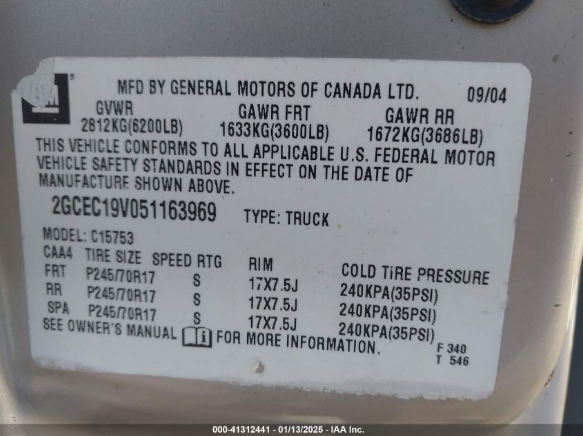 2005 Chevrolet Silverado 1500 Ls VIN: 2GCEC19V051163969 Lot: 41312441