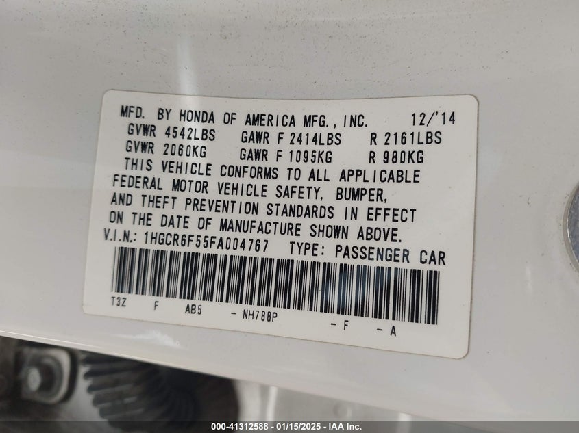2015 HONDA ACCORD HYBRID VIN: 1HGCR6F55FA004767