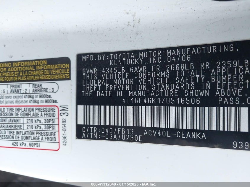 2007 TOYOTA CAMRY VIN: 4T1BE46K17U516506