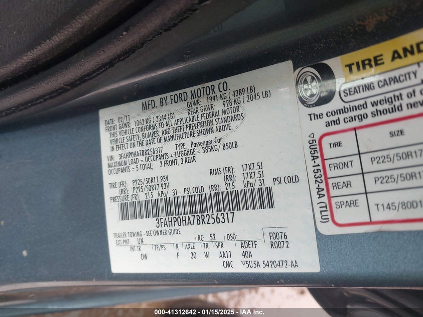 2011 FORD FUSION VIN: 3FAHP0HA7BR256317